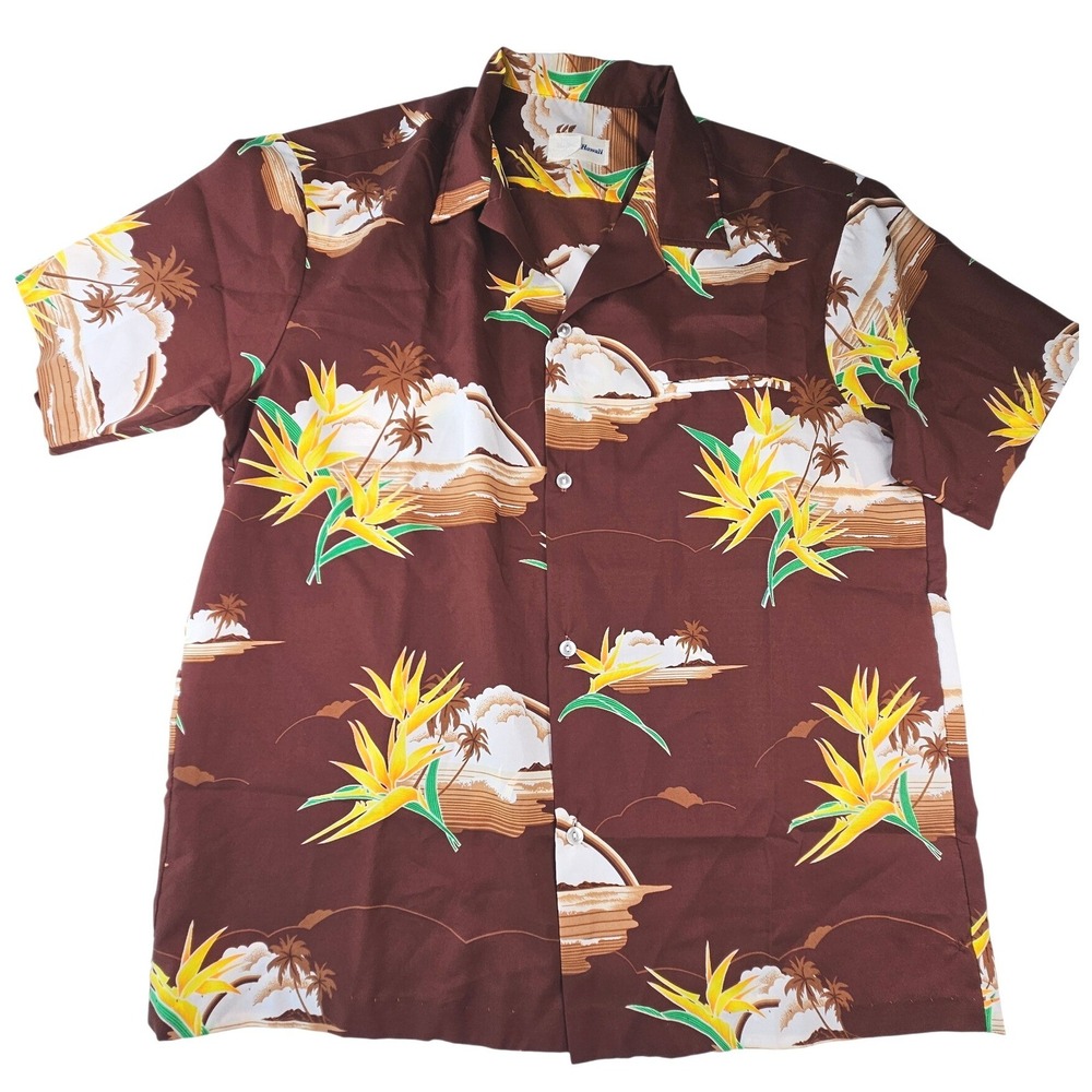 Vintage 70s Sears Roebuck Brown Bird of Paradise Hawaiian Shirt XL Made in USA
